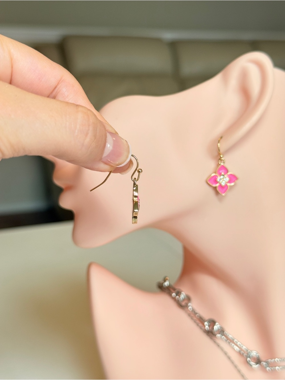 Gold Pink Enamel Flower Drop Earrings with CZ - Picture 6 of 12